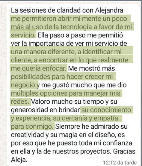 Mensaje de una clienta sobre las sesiones de claridad con Ale