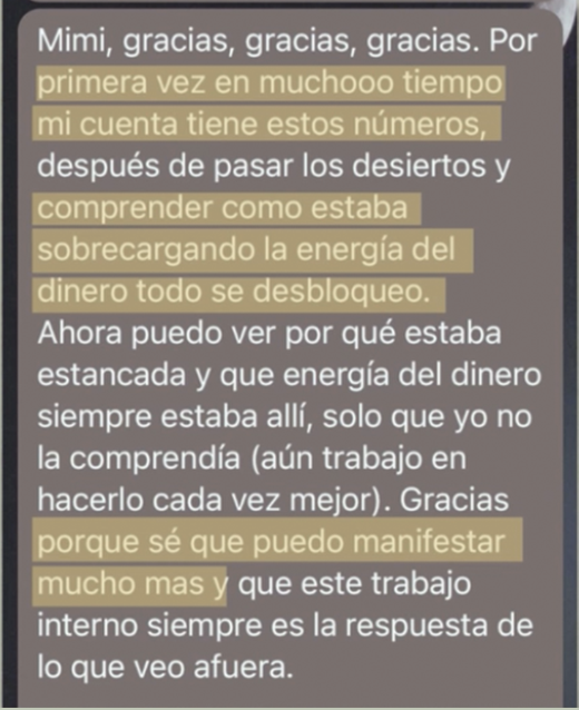 Mensaje de una clienta sobre el trabajo con Mimi y la energía del dinero