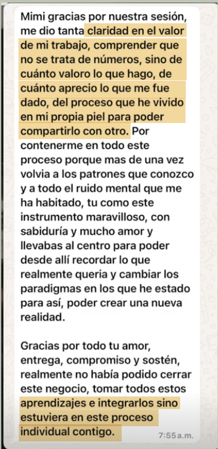 Mensaje de una clienta sobre claridad en el valor de su tiempo